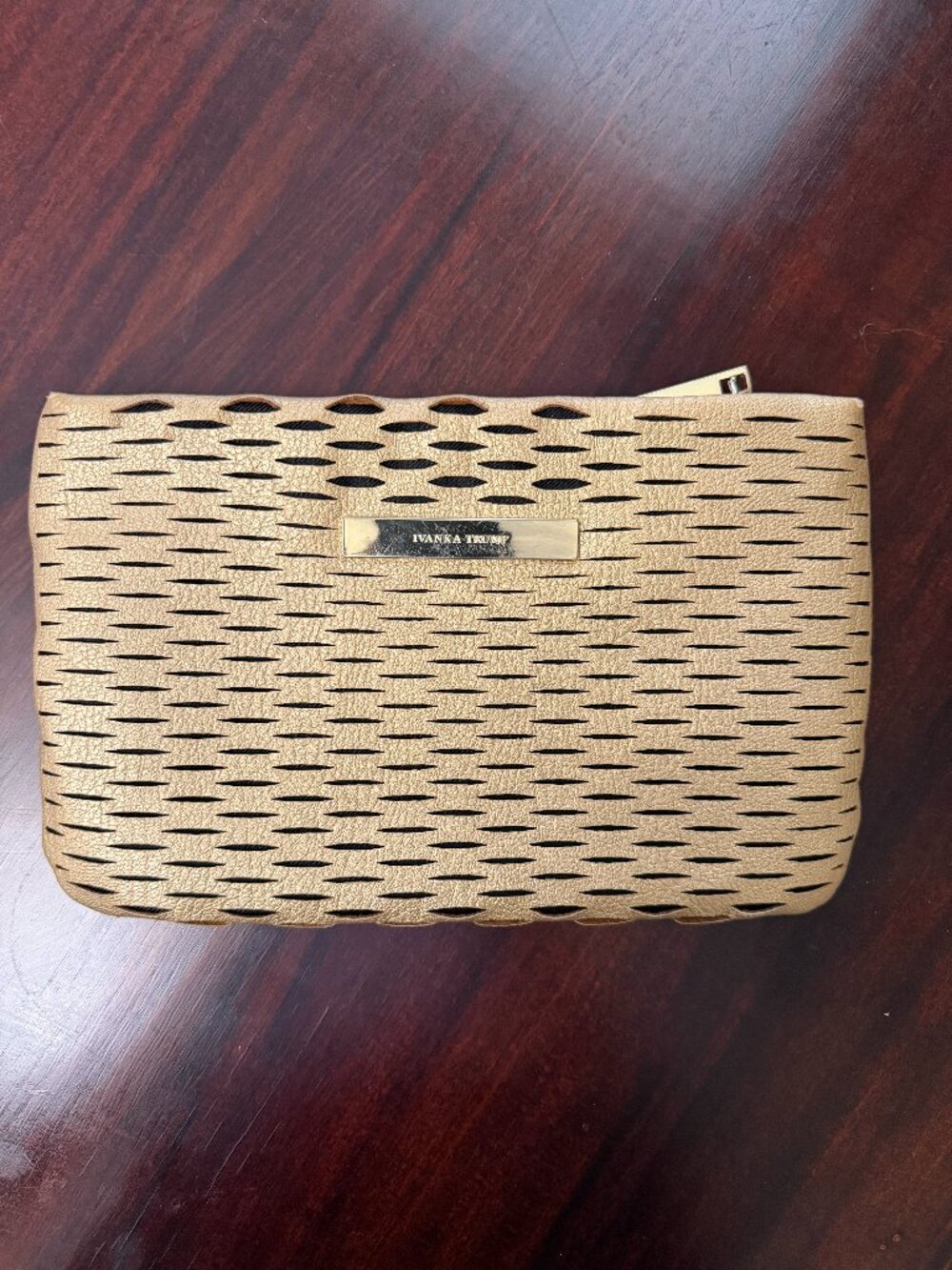 Ivanka Trump Gold Perforated Zip Clutch Wallet Wristlet Organizer